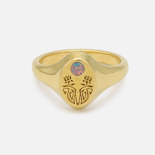 Art Deco Flora Signet Ring with Opal Inlay in Gold Plated Brass