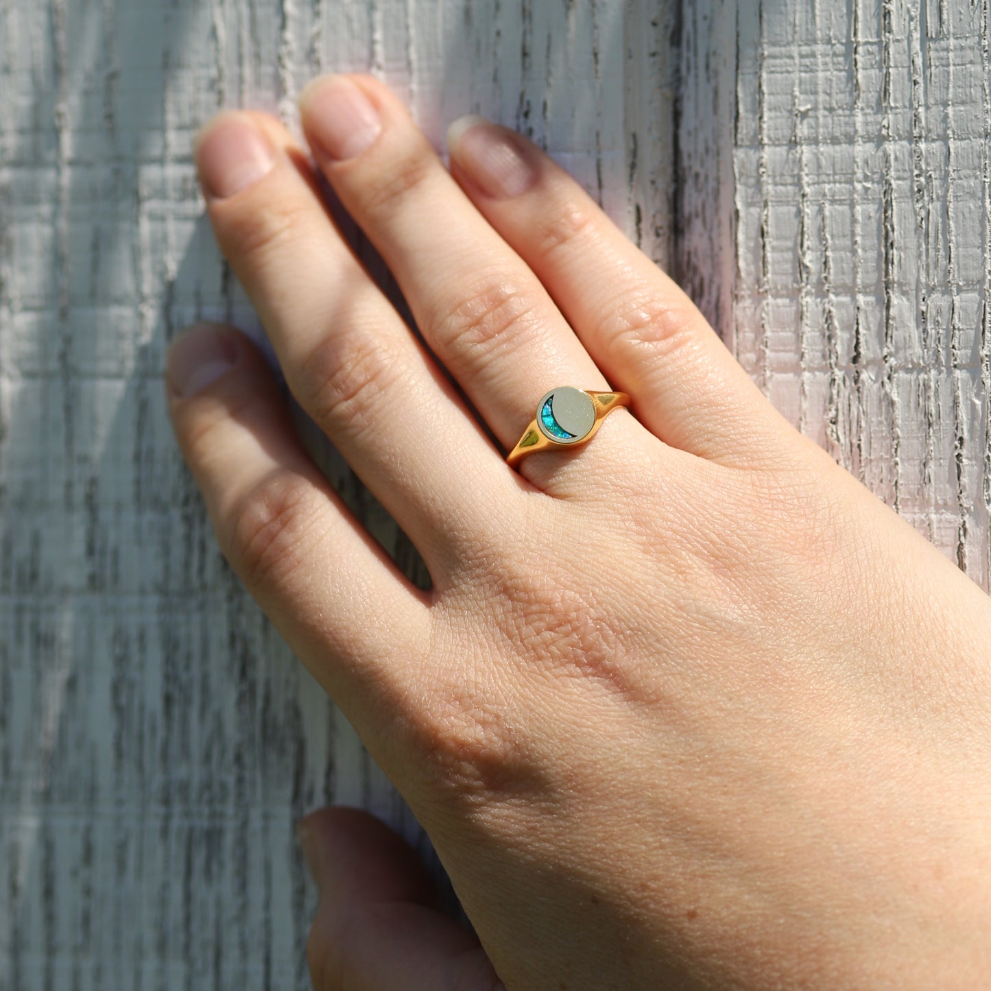 Crescent Moon Signet Ring in Gold Plated Brass with Opal Mosaic Inlay