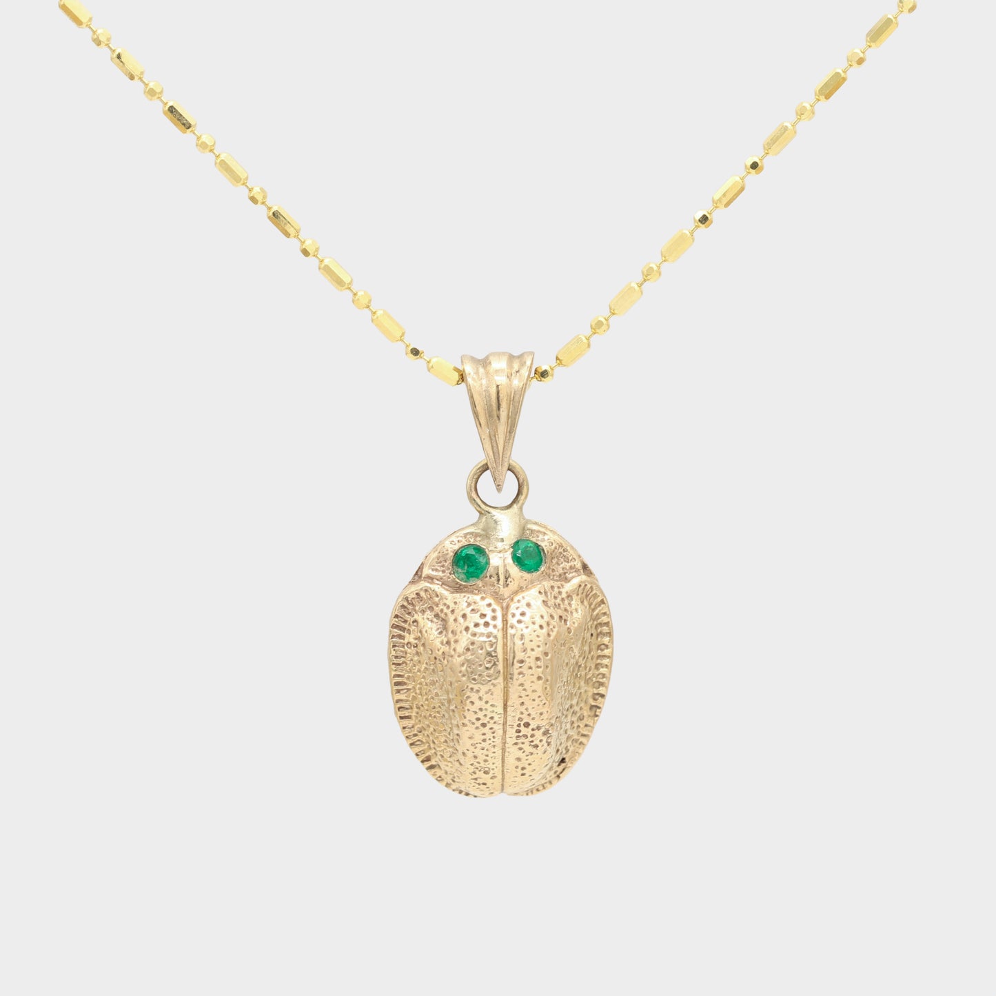 9ct Gold Scarab with Emerald Eyes on 14ct Gold Necklace