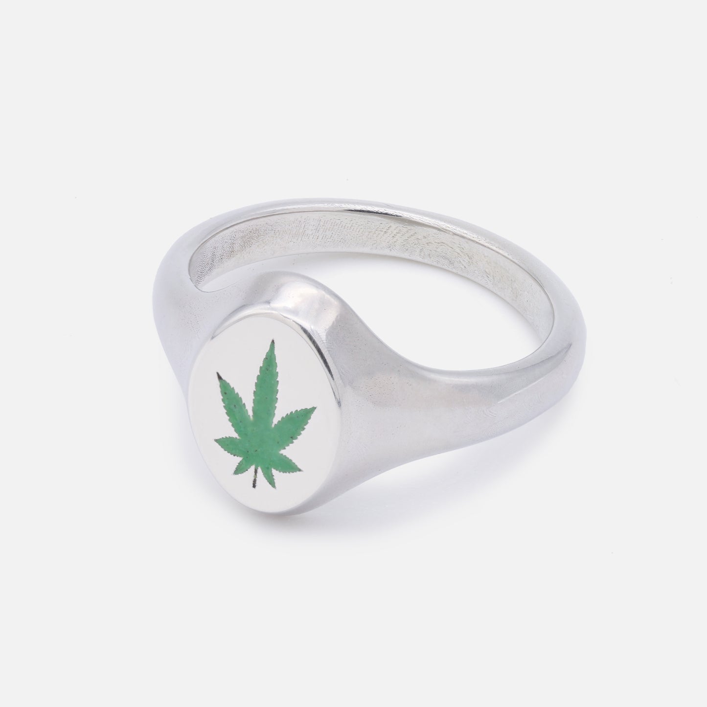 Sweet Leaf Signet Ring in Silver with Green Enamel