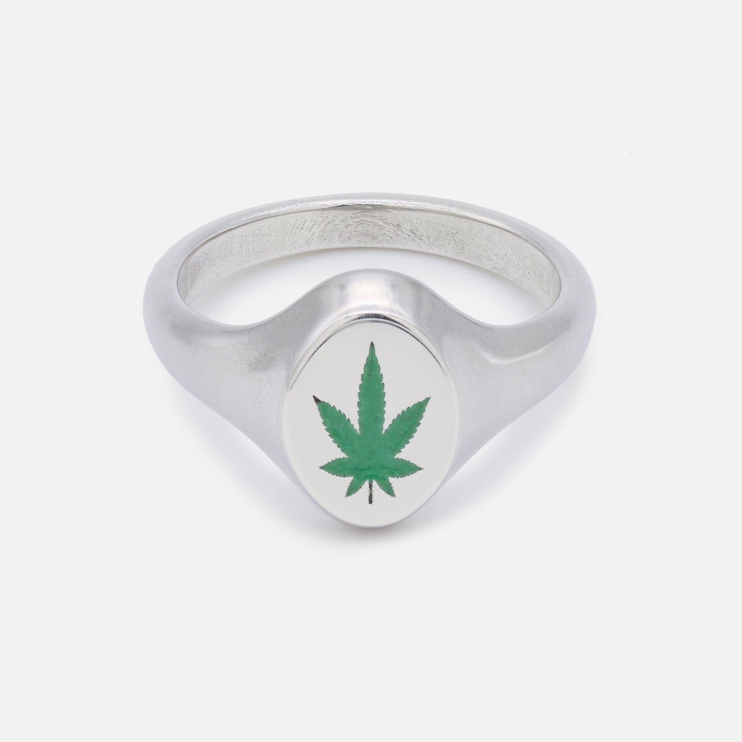 Sweet Leaf Signet Ring in Silver with Green Enamel