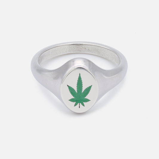 Sweet Leaf Signet Ring in Silver with Green Enamel