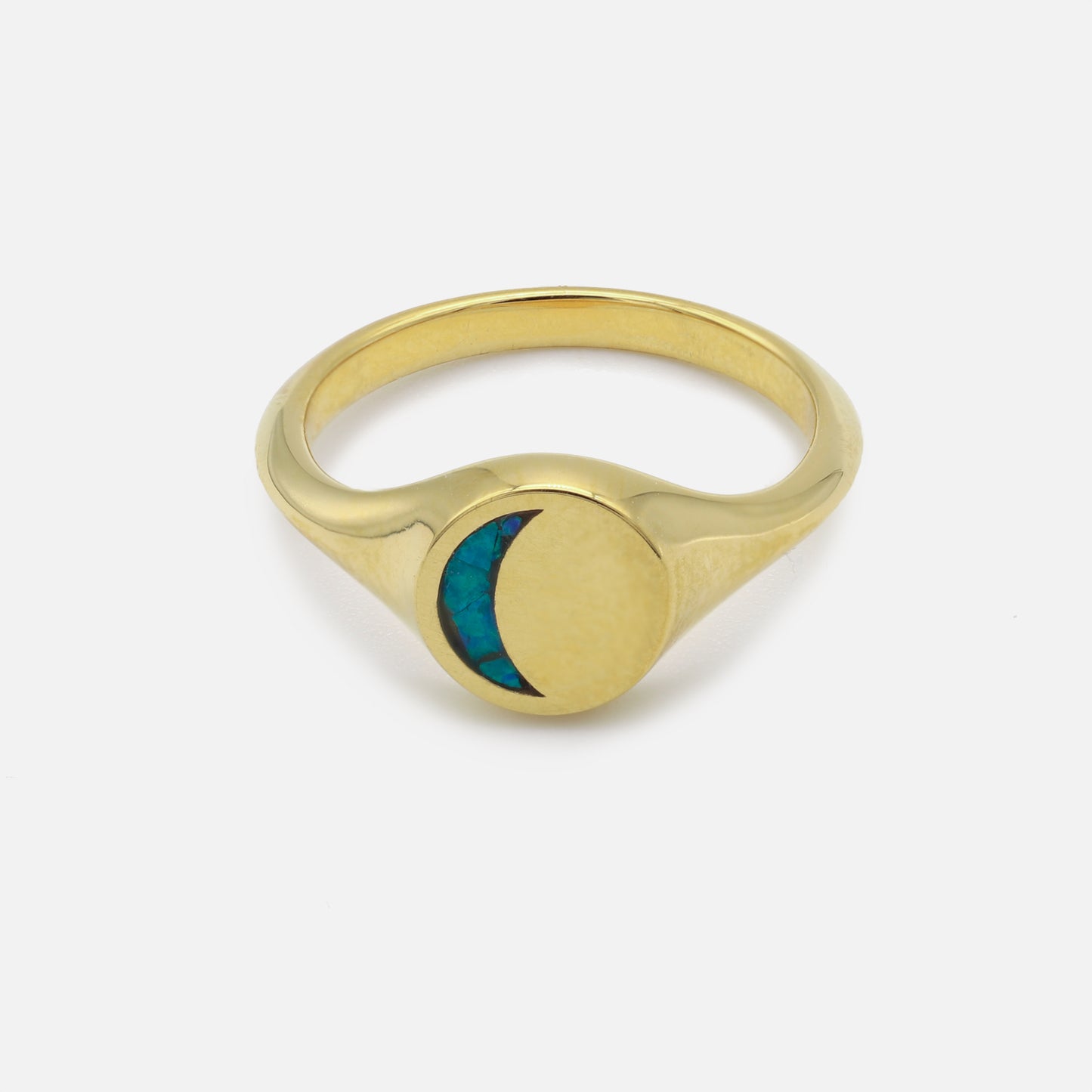 Crescent Moon Signet Ring in Gold Plated Brass with Opal Mosaic Inlay