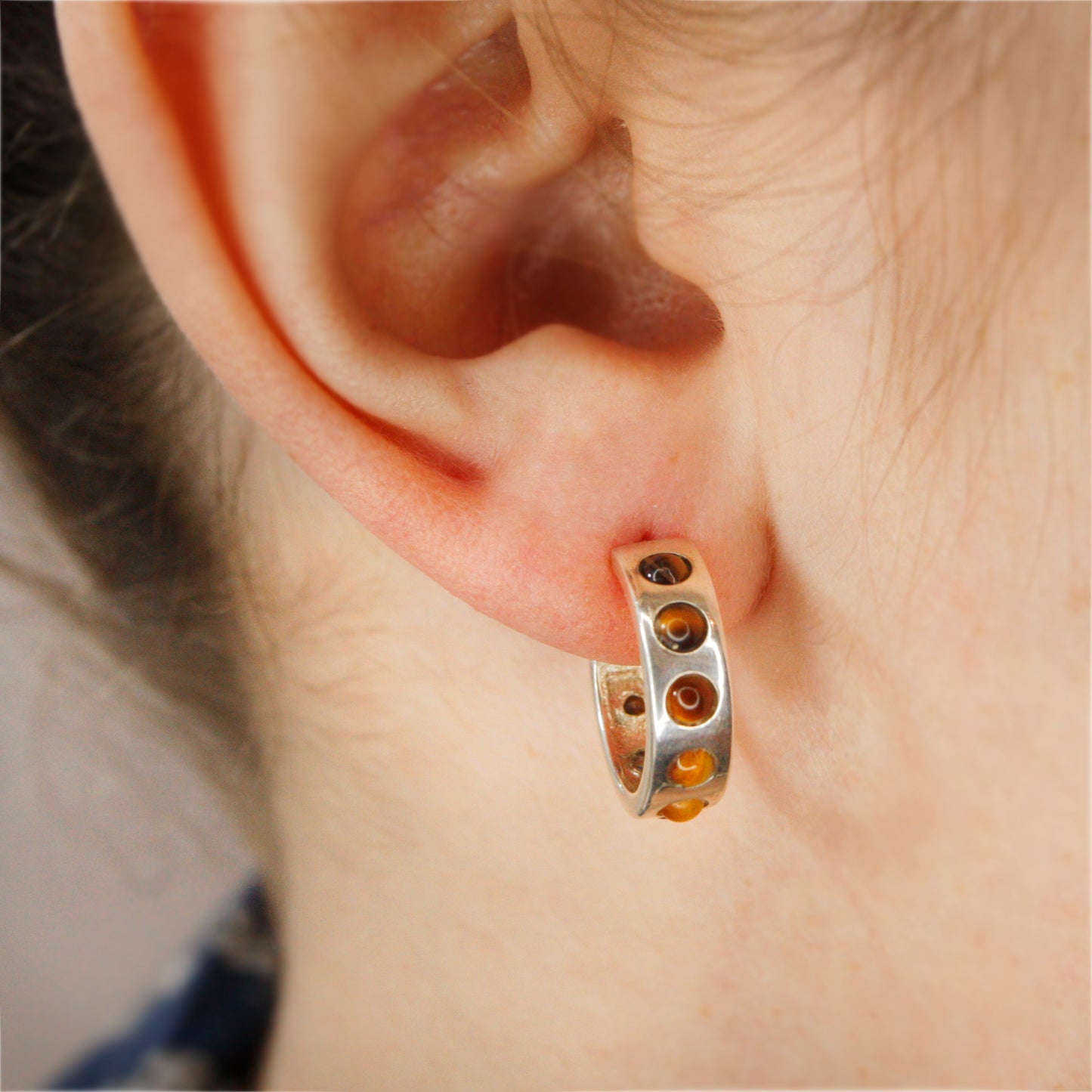 Silver Helios Hoops with Tiger's Eye